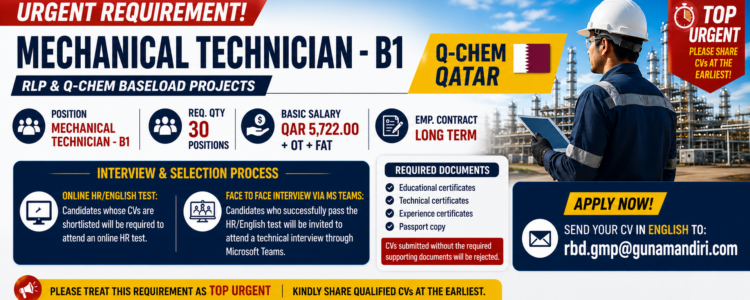 URGENT REQUIREMENT | MECHANICAL TECHNICIAN – B1 | Q-CHEM QATAR